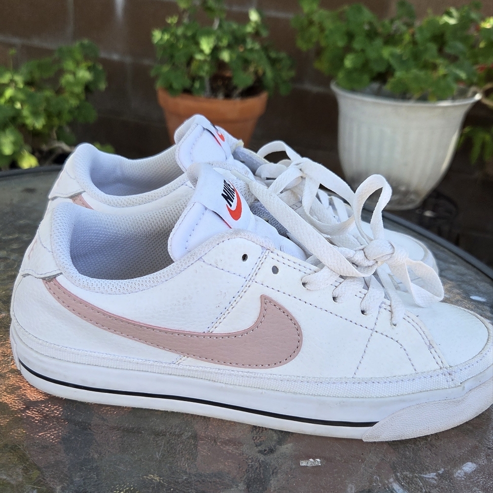 Nike Kids White Sneakers with Blush Pink Swoosh